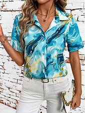 abordables Hauts d&#039;Art et de Design pour Femmes-Femmes Chemise Graphique 3D ancien Tropical Quotidien Manche Courte Col de chemise Hauts Réguliers Quotidien Bleu Vert Été Printemps