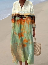 abordables Art &amp; Design Robes-Femmes Robe Midi Robe d&#039;Été Robe trapèze Vacances Occasionnel Boho Soirée Plage Coupe Ample Graphique Géométrique Abstrait manche longue Col en V Blanche Rose Claire Bleu Marron Été Printemps Automne