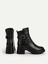 baratos Botas de tornozelo-Botas femininas de couro preto - botas de inverno de salto médio com forro de pele quente, zíper lateral e fivela para clima frio, trabalho &amp;roupas para atividades ao ar livre