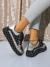 baratos Festa da Vida Noturna-Tênis femininos acolchoados com strass - sapatos de festa com cadarço preto e prata para vida noturna, baladas e streetwear moderno