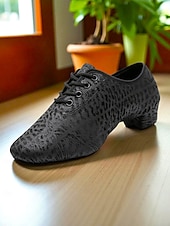 abordables Chaussures de jazz-Chaussures de danse à lacets noires à motif léopard pour femmes - Chaussures de jazz professionnelles à talon bas pour danseuses et entraînement en studio