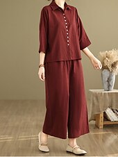 billige Settene-Dame Elegant Mote Gatemote Linsett i bomull 3/4 ermer Skjortekrage Helfarge utendørs Arbeid Avslappet Oransje Brun Kakifarget Sommer Normal