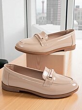 preiswerte Damenhausschuhe und -halbschuhe-Damen nude Lackleder Penny Loafers mit Schnallen-Details - Elegante Slipper Flats für Damen klassisch Prep-Stil Büroschuhe für tägliche Arbeit Schule und Freizeitaktivitäten