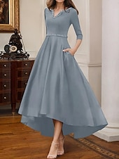 abordables Robes de cocktail-Robe de cocktail trapèze élégante, robe de soirée formelle, longueur thé, robe asymétrique, manches mi-longues, col en V, satin extensible avec poche à perles, 2025