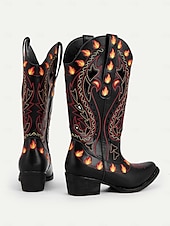 baratos Para mulheres-Botas de cowboy femininas bordadas com chamas pretas - botas retrô de festival até o joelho com salto baixo para festivais de música, fantasias de Halloween e cosplay