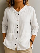 お買い得  シャツ-女性用 コットンリネンシャツ 純色 ベーシック カジュアル 七分袖 クルーネック レギュラートップス 日常 ポケット ボタン ホワイト ワイン グリーン カーキ色 夏 春 秋