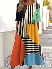ieftine Rochie cu dungi și geometrică-Pentru femei Rochii Midi Rochie de vară Rochie plisata Vacanță Casual Concediu Fit regulat Grafic Geometric Abstract Manșon Jumate Stil Nautic Negru Albastru piscină Portocaliu Trifoi Vară Primăvară