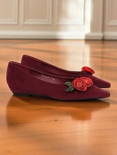 abordables Sandalias planas de mujer-Bailarinas de ante burdeos para mujer: diseño de rosas bordadas con flores, elegantes zapatos sin cordones con punta puntiaguda para salidas informales, fiestas en el jardín y citas románticas.