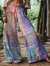 abordables jambe large et taille haute-Femmes Jambe large Pantalons Pantalon palazzo Mode Boho Longueur complète Taille haute Fleur Taille Élastique Imprimé Respirabilité Confortable Rue Tenue quotidienne Sortir Bleu Orange Vert Printemps