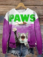abordables Animaux Tops-Femmes Sweat-shirts Graphique Chat Lettre Occasionnel manche longue Col ras du cou Hauts Réguliers Rue Tenue Quotidienne Imprimé Bleu Violet Vert Kaki Automne Hiver