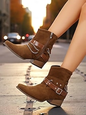 abordables Bottines-Bottines en daim marron pour femmes avec chaîne et ceinture - bottines à talons épais de style western tendance pour les tenues décontractées et les sorties d&#039;automne