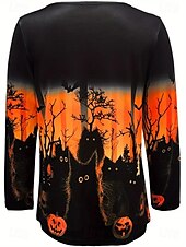 preiswerte Halloween Oberteile-Halloween Damen Bluse Grafik Halloween Lässig Langarm Rundhalsausschnitt Normale Oberteile Täglich Druck Schwarz Orange Sommer Frühling MOM