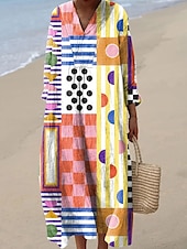 economico Abiti a Strisce e Geometrici-Per donna Abito Midi Vestito Estivo Abito a trapezio Vacanza Casual Boho Feste Spiaggia Vestibilità comoda Grafico Geometrico Plaid Manica Lunga Scollo a V Giallo Rosa Arancione Verde Estate