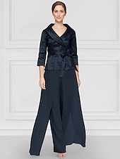 cheap Mom&#039;s Pant Suits-Two Piece Pantsuit Mother of the Bride Wedding Guest Elegant Simple Tailored Lapel Floor Length Chiffon Stretch Satin Long Sleeve with Sash / Ribbon Solid Color 2025
