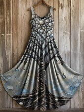 tanie Sukienki boho-damska sukienka maxi merkabah drzewo życia sukienka letnia sukienka o prostym kroju sukienka plisowana sukienka wakacyjna swobodna boho codzienna na wakacje plaża regularny krój graficzny bez rękawów