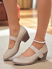 ieftine Block Heels-Pantofi Mary Jane cu toc bloc și sclipici pentru femei – tocuri joase aurii confortabile, cu bareta cu velcro, pentru purtare zilnică, evenimente școlare și ținute de inspirație retro