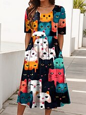 abordables Los animales se visten-Mujer Vestido Midi Vestido de verano Vestido plisado Vacaciones Casual Festivos Ajuste regular Graphic Animal Gato Media Manga Cuello Barco Negro Blanco Marrón Verano Primavera