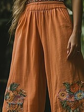 cheap Wide Leg &amp; High Waisted-Women&#039;s Wide Leg Pants Trousers Palazzo Pants Fashion Boho Full Length High Waist Flower Elastic Waist Print Breathability Comfortable Street Daily Wear Going out Orange Spring Fall Regular Fit