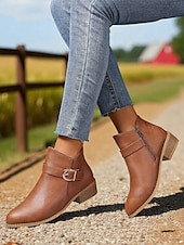 abordables Botines-Botines marrones de piel sintética para mujer: botines de tacón bajo con hebilla y cremallera lateral para salidas de otoño, paseos por el campo y uso diario.