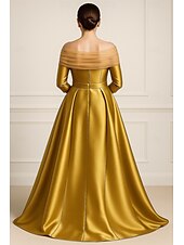 preiswerte Abendkleider-goldenes A-Linien-Abendkleid, elegantes Kleid für formelle Hochzeitsgäste, bodenlang, 3/4-Ärmel, schulterfrei, Tasche, Satin mit Schleife(n) 2025