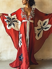 tanie Sukienki boho-damska długa sukienka maxi sukienka boho sukienka na co dzień sukienka rozkloszowana sukienka letnia vintage wakacje codzienna plaża regularny krój kwiatowy 3/4 długości rękaw dekolt w serek czerwony lato wiosna jesień