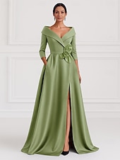 economico Vestiti da sera-Abito da sera A-Line nero e oro abito elegante invitato al matrimonio lunghezza campagna maniche 3/4 colletto camicia tasca satin elasticizzato con fiore sulla spalla