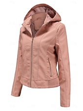 economico Giacche in finta pelle-Per donna Giacca in Ecopelle Giacca in Pile Impermeabile Confortevole Tasca Cerniera completa Foderato in pile Moda Stile da Strada Semplice All&#039;aperto Casual Quotidiano Regolare Con Cappuccio