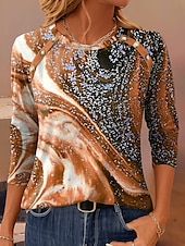 abordables Art &amp; Design Tops-Femmes T-shirt Graphique Géométrique ancien Occasionnel manche longue Col ras du cou Hauts Réguliers Quotidien Boutons Imprimé Vert cendré Bleu Violet Marron Vert Printemps Automne Hiver