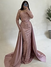 billige champagne-Paljett A-linje aftenkjole elegant kjole formell bryllupsgjest gulvlang langermet hals champagnefarget kjole til brudens mor sateng med glitterspalte 2025