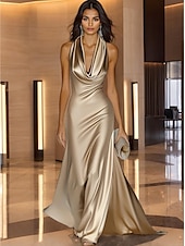 abordables Champagne-Robe de soirée dorée élégante, robe de mariée formelle, traîne à balayage / pinceau, sans manches, col bénitier, satin avec fronces 2025