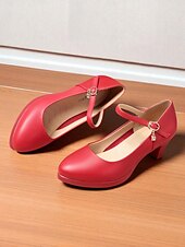 abordables Block Heels-Escarpins Mary Jane rouges à talon moyen pour femmes – chaussures habillées classiques à bout rond avec bride à la cheville et breloque pour dames, idéales pour le bureau, l&#039;église ou les événements semi-formels