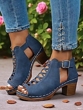 olcso Block Heels-női peep toe kivágott tömbsarkú bokacsizma hátsó cipzárral – stílusos nyári vastag sarkú cipő randevúkra, kerti partikra és szabadtéri rendezvényekre