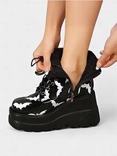 abordables Pour les femmes-Bottines à plateforme pour femmes à imprimé chauve-souris d&#039;Halloween – Bottines de combat à talons épais et lacets de style gothique punk pour fêtes, cosplay et soirées