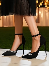 levne Klasické lodičky-Dámské černé saténové jehlové podpatky se špičatou špičkou, křišťálovými ozdobami a páskem na kotníku - elegantní společenské boty na koktejlové a večerní akce