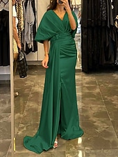 cheap YELLOW-Sheath Evening Gown Elegant Dress Formal Sweep / Brush Train Half Sleeve V Neck Satin with Pleats Ruched Crystals