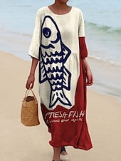 abordables Art &amp; Design Robe-Femmes Robe Midi Robe Décontractée Robe Imprimée Mode Moderne Quotidien Plage Week-end Coupe régulière Poisson Manche 3/4 Col ras du cou Jaune Rouge Bleu Été Printemps Automne