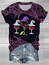 Halloween Women's T Shirt Graphic Wine Glass Modern Casual Trendy Short Sleeve Round Neck Regular Tops Daily Going out Weekend Print Purple Orange Summer Fall4