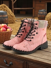 baratos Botas de combate-Botas femininas retrô com cadarço – botas de combate casuais vintage com acabamento em tecido para viagens de outono na fazenda, aventuras ao ar livre e estilo de rua