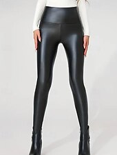 economico Leggings foderati in pile-Per donna Pantaloni in Pile Pantaloni di pelle Leggings Moda Lunghezza intera Naturale Semplice Elastico in vita Comodo All&#039;aperto Streetwear Nero Inverno Vestibilità regolare