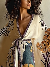 abordables Robes Bohémiennes-Robe longue femme Robe maxi Robe bohème Robe décontractée Robe trapèze Robe d&#039;été Vintage Vacances Quotidien Plage Coupe classique Floral Manches longues Col V Beige Été Printemps Automne