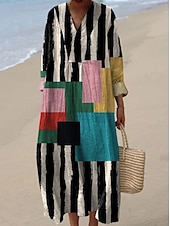 billiga Randiga och geometriska klänningar-Dam Maxiklänning Solklänning A linjeklänning Semester Ledigt Boho Fest Utekväll Strand Lös passning Grafisk Geometrisk Rand Långärmad V-hals Svart Gul Blå Orange Sommar Vår