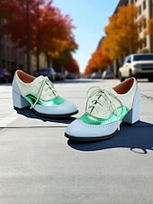 preiswerte 1950er Jahre-Zweifarbige Oxford-Schuhe mit Blockabsatz für Damen – Retro-Schnürschuhe in Mintgrün und Metallic für den Streetstyle im 50er-Jahre-Stil, Alltagsoutfits und legere Anlässe