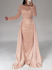 economico Champagne-Abito da sera sirena in paillettes abito in satin champagne arricciato maniche lunghe masquerade lunghezza fino al pavimento scollo illusion con perle gonna sovrapposta