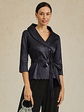 billige Dressy topper-Dame Bluse Kveldstopper Helfarge عادي Elegant metallic Stilfull 3/4 ermer V-hals Vanlige topper Bryllupsgjest Aftenselskap Semi-formelt knyte foran Svart Vår, Høst, Vinter, Sommer
