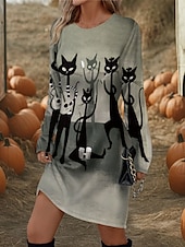 ieftine Rochie de Halloween-Halloween rochie mini pentru femei rochie tricou rochie tip tricou rochie scurtă rochie de vară vacanță casual petrecere zilnic croială regulată grafică mânecă lungă guler rotund violet fuchsia verde