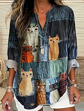 abordables Animaux Tops-Jour de l&#039;Indépendance Américain Blouse Femme Tunique Col V Manches Longues Boho Décontracté Tops Graphique Animal Drapeau Vintage Tropical Tops Reguliers Imprimé Quotidien Denim Bleu Bleu Ciel