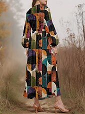 preiswerte Kunst &amp; Design Kleid-Damen Midikleid Freizeitkleid Chiffon Schwingkleid Modern Urlaub Täglich Wochenende Normale Passform Geometrisch Langarm V Ausschnitt Schwarz Blau Purpur Orange Sommer Frühling Herbst