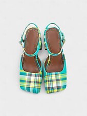 cheap Block Heels-Women&#039;s Purple Plaid Block Heel Pumps –1970s Retro Square Toe High Heels with Ankle Strap for Daily Wear, Office &amp; Vintage Outfits