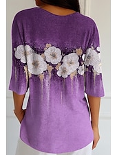 billige Blomstrete topper-Dame Bluse Blomstret Grafisk Årgang Tropisk Stilfull 3/4 ermer V-hals Vanlige topper Daglig Blå Lys Lilla Lilla Sommer Vår Høst