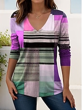 billige Stripe og geometrisk t-skjorte-Dame T skjorte Grafisk Geometrisk Årgang Stilfull Klassisk Langermet V-hals Vanlige topper Daglig Trykt mønster Rosa Blå Oransje Grønn Vår Høst